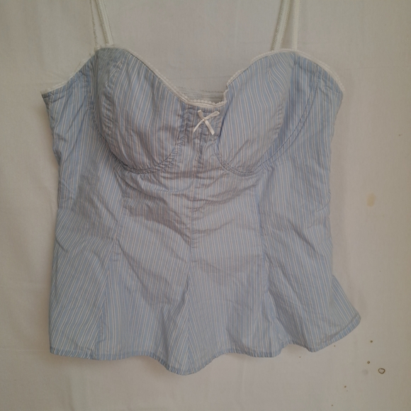 Zara Tops - Zara Blue White Pinstripe Corset‎ Peplum Top Lace Trim Sweetheart Camisole XL